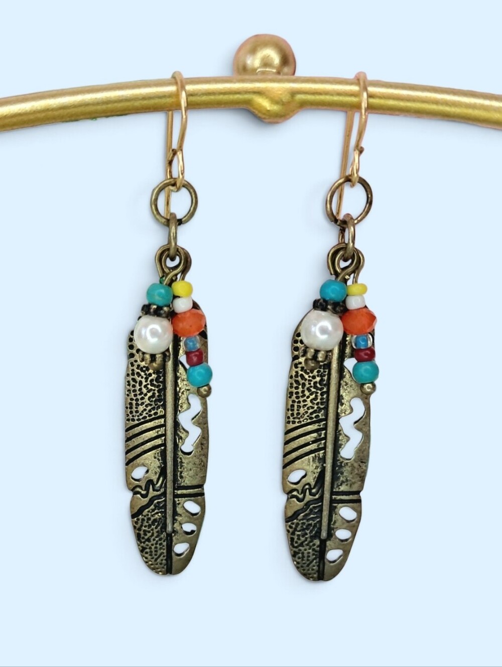 Bohemian Feather Charm Dangle Earrings Faux Pearl & Turquoise Beads